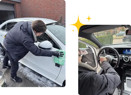 Tom van Zunderd, eigenaar van TVZ Cleaning die een auto schoonmaakt